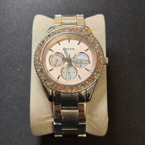 Fossil ES-3050 Watch Women 6" Pink Crystal Bezel‎ Multifunction Stainless Steel
